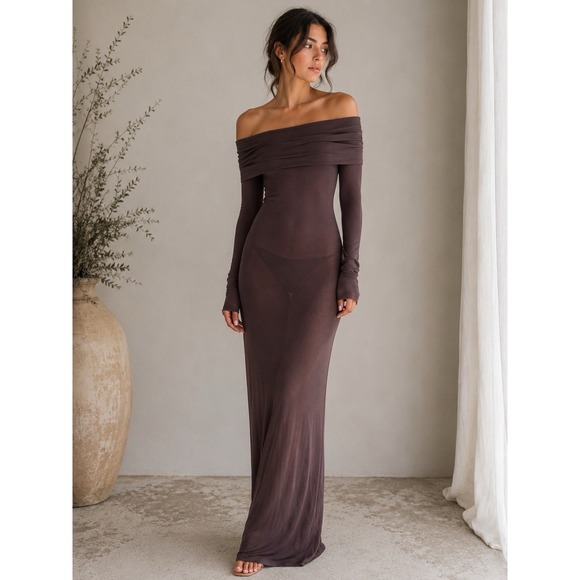 SKIMS Dresses & Skirts - SKIMS Sheer Modal Off Shoulder Long Dress in Phoenix XS Womens Maxi Dresses